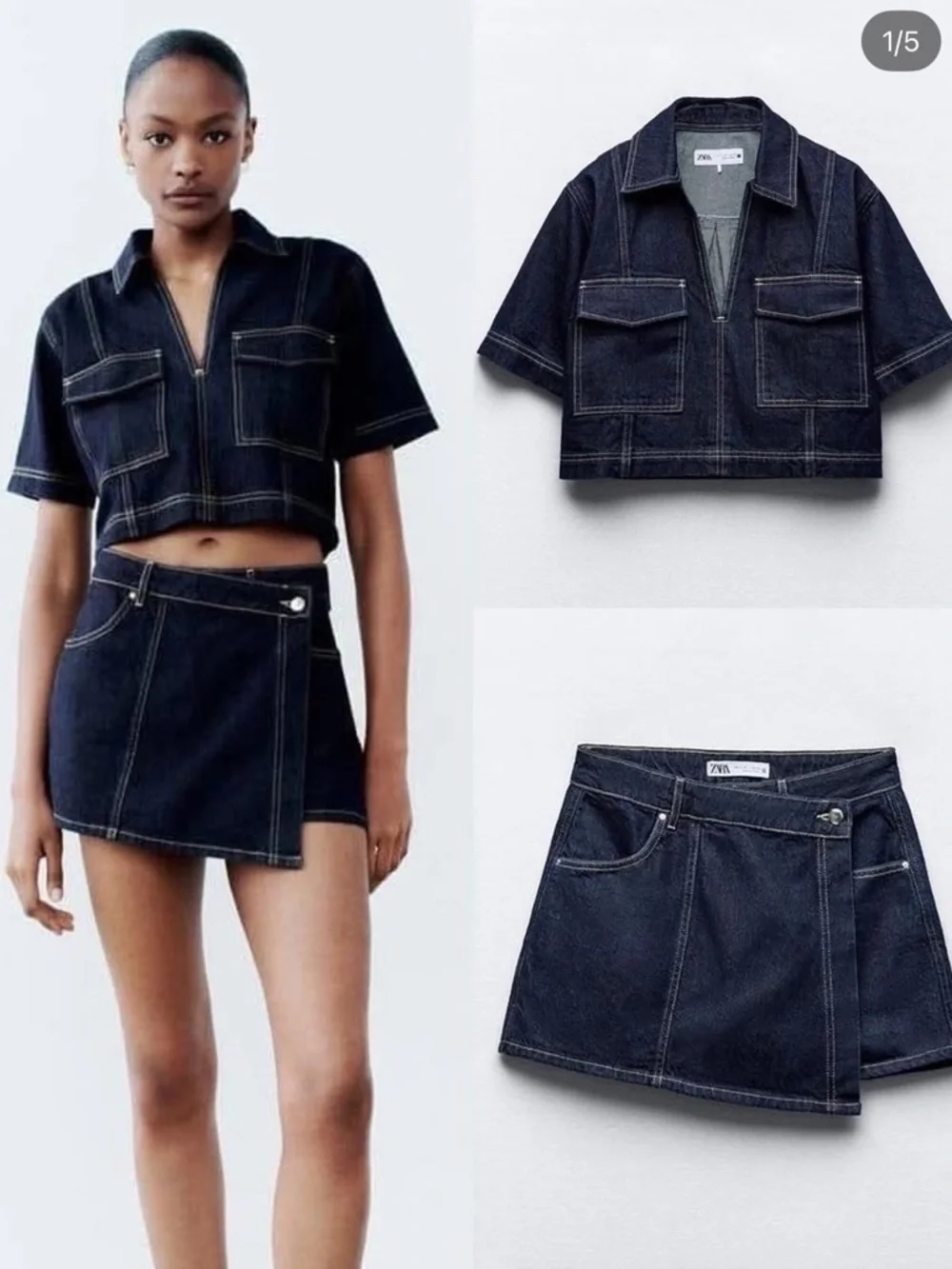 Zara set! Cropped Dark Denim Two-Piece Set - Navy. NWOT BOTTOM XS TOP S!